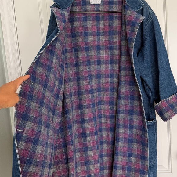 Vintage 80’s Denim Long Duster Blue Pink Plaid Lined Long Coat Sz L Jean Heavy - Picture 15 of 17